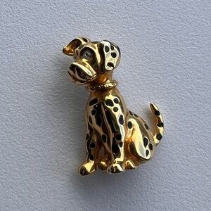 Gold Dalmatian Dog Brooch with Rhinestone Eyes